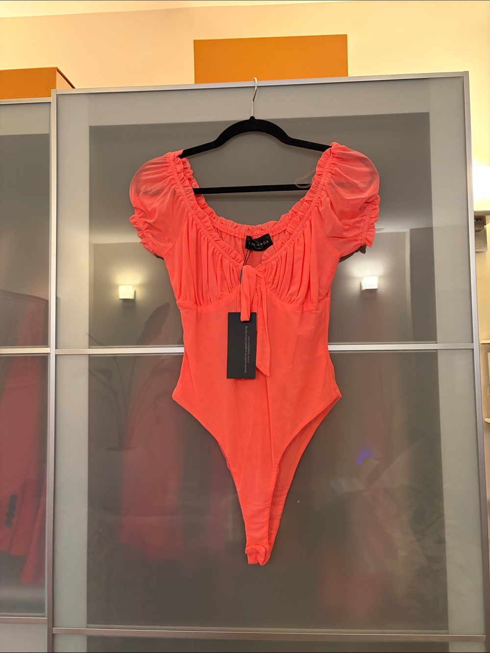 Neon Coral Puff-Sleeve One-Piece Bodysuit